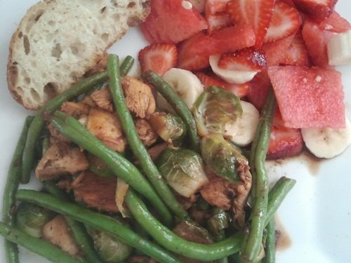 Simple stir fry with Chicken, Brussels Sprouts, Green Beans and a Fruit Salad. Recipe by Healthy Diet Habits